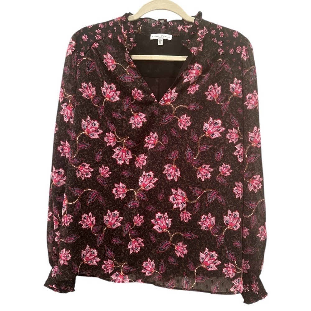 Floral Blouse Pink Gold Lined Sheer Sleeves Ruffle Neck Office Church Sz L